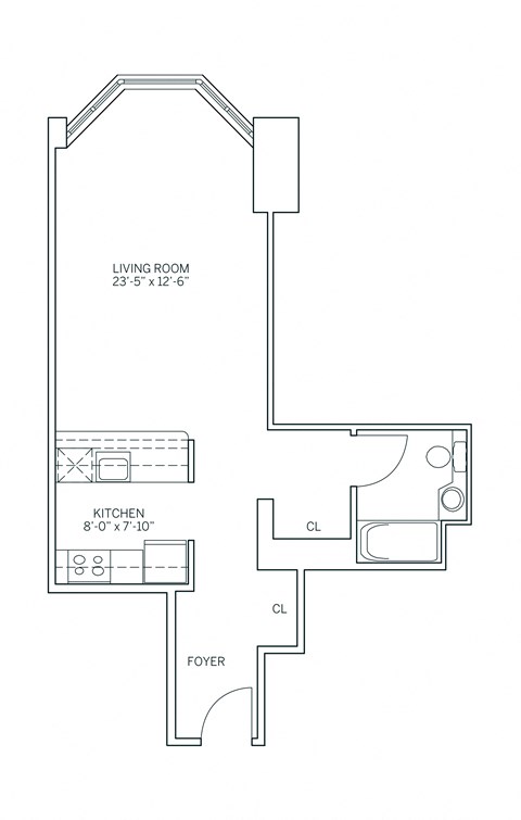 A floor plan of a living room, kitchen, and foyer.